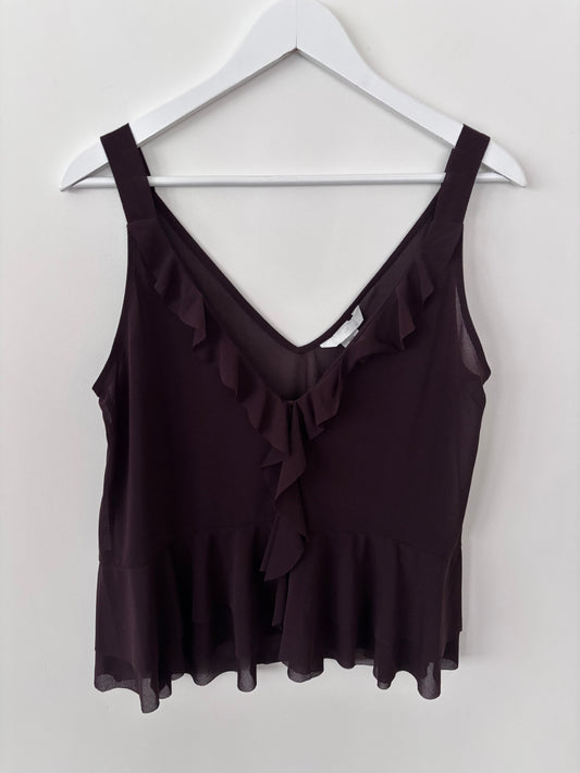 H&M Brown Sheer Ruffle V-neck Tank | Sz Medium