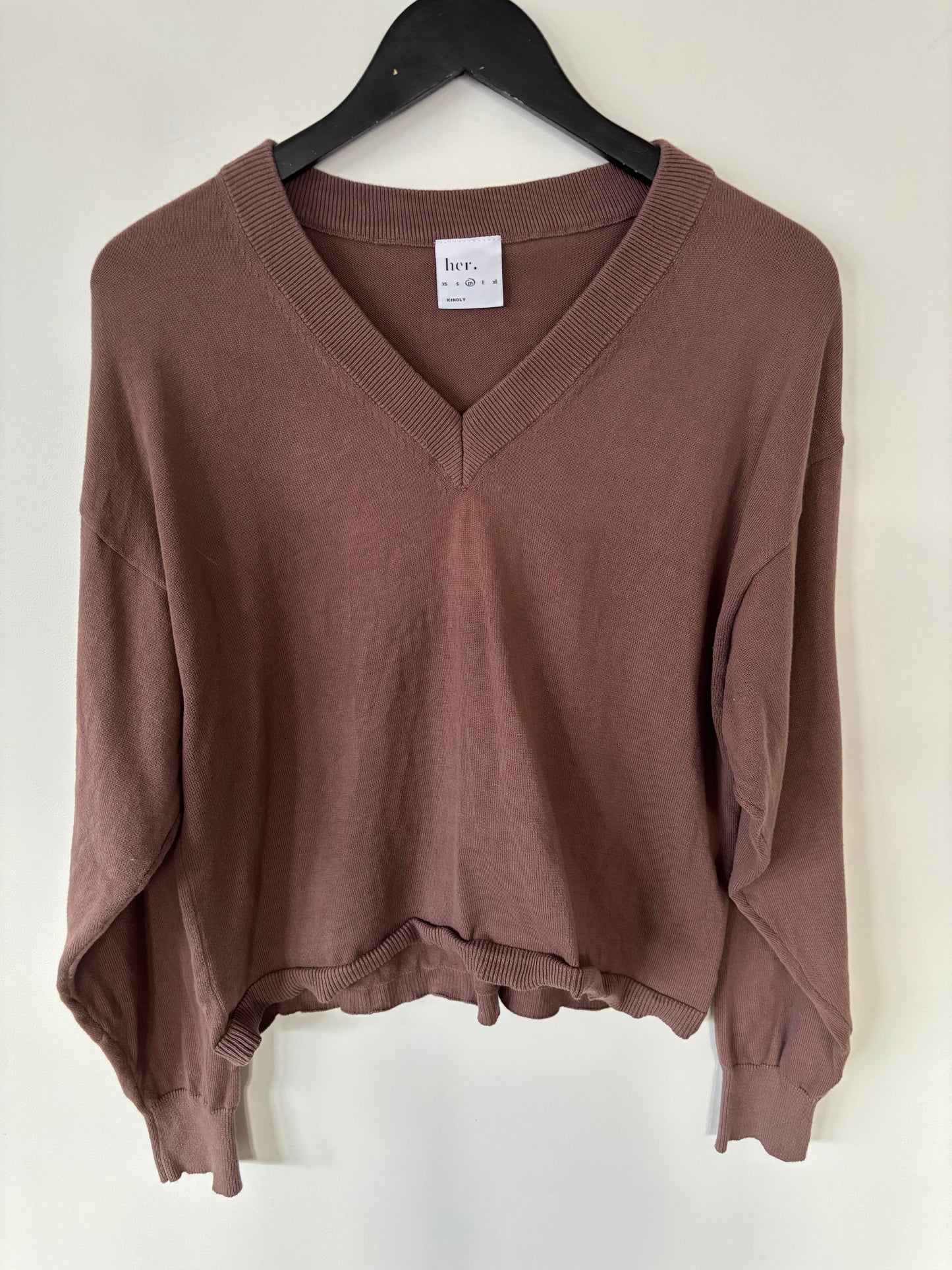 Her. V Neck Brown Cotton Sweater | Medium (D107C1)