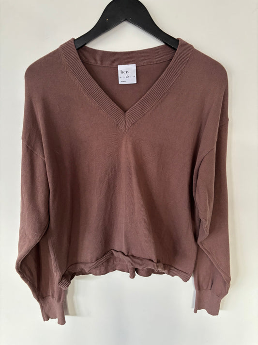 Her. V Neck Brown Cotton Sweater | Medium (D107C1)