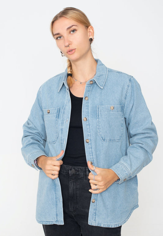 Volcom Layer Me Denim Button Up (Lavender Plaid Lining) | Large