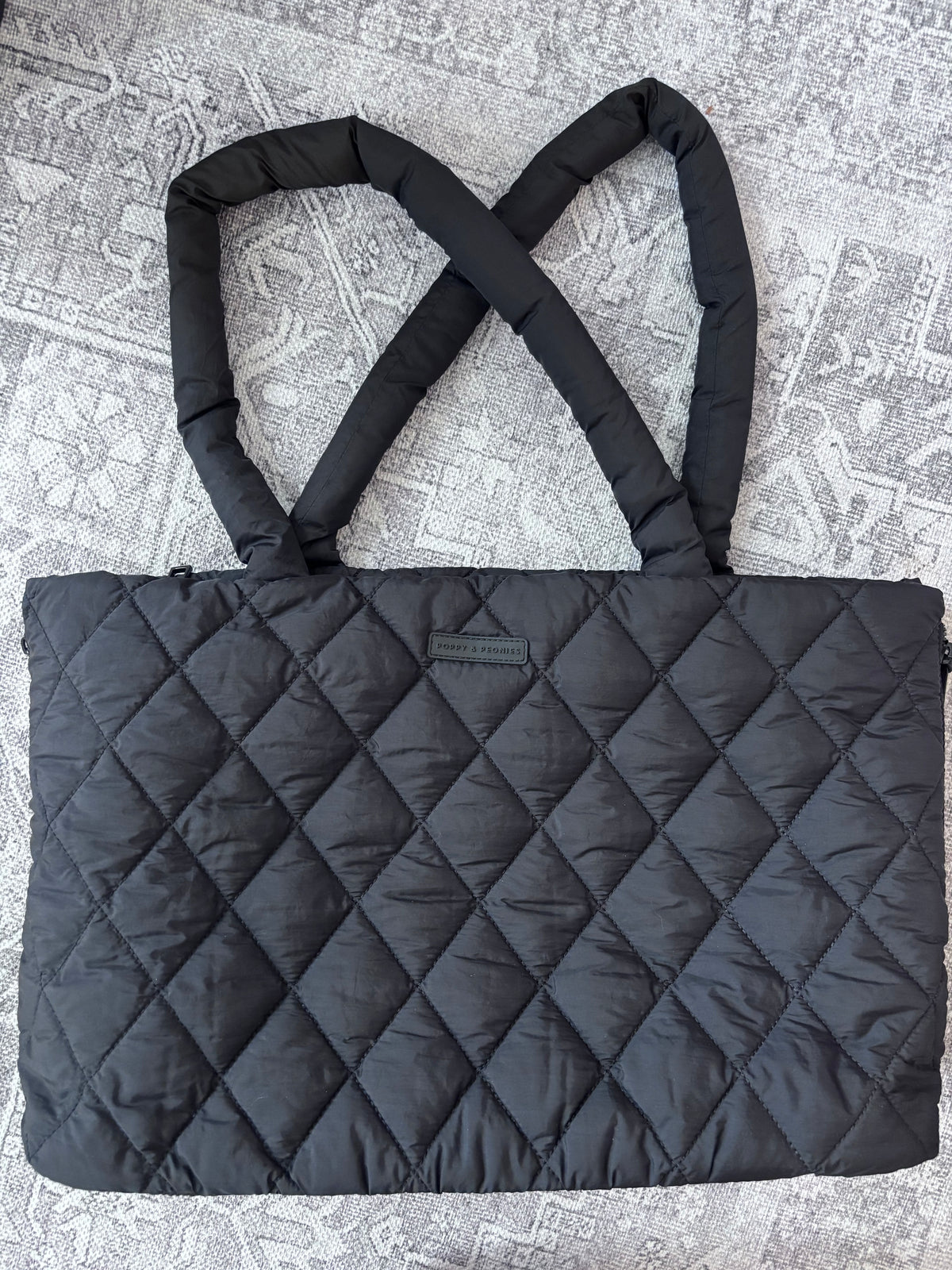 Poppy & Peonies Quilted Black Tote Bag
