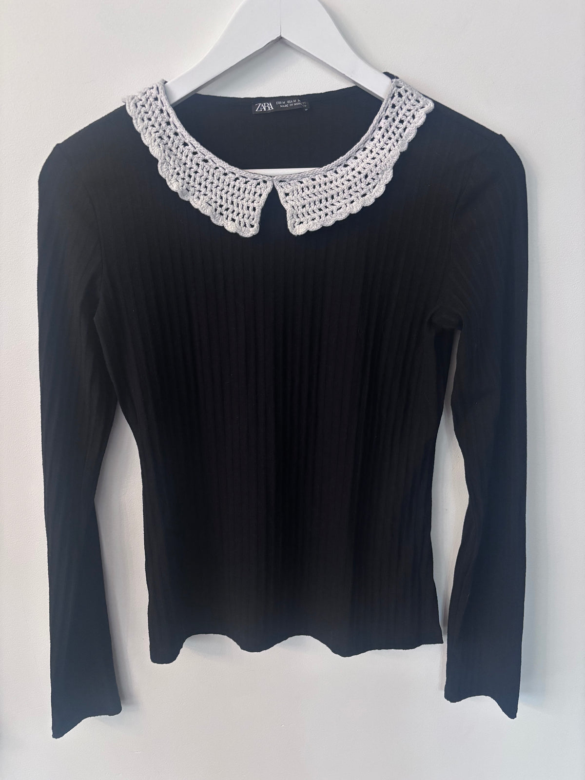 Zara Embroidered Collar Ribbed Knit Top | Sz Medium
