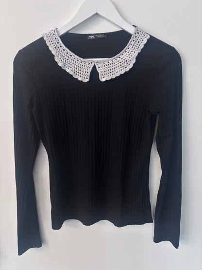Zara Embroidered Collar Ribbed Knit Top | Sz Medium