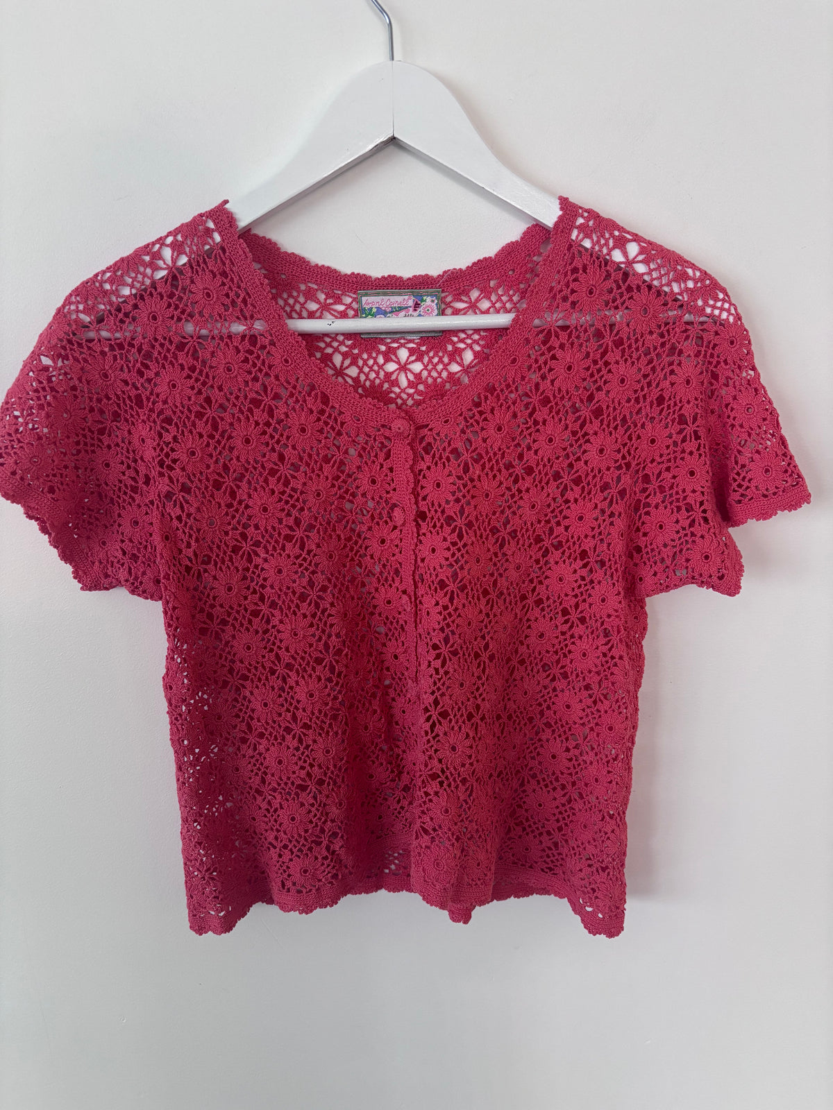 Vintage Pink Crochet Lace Short Sleeve Cardigan | Sz Small (approx)