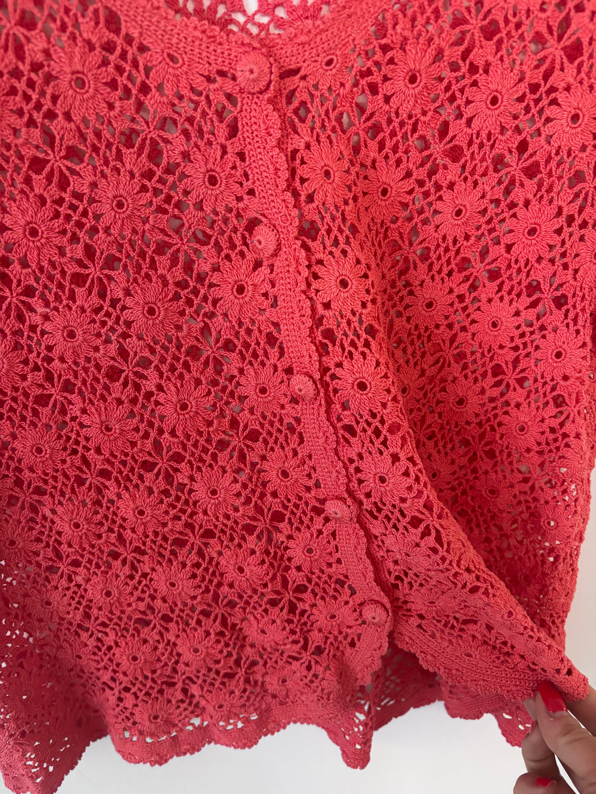 Vintage Pink Crochet Lace Short Sleeve Cardigan | Sz Small (approx)