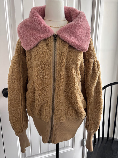 Free People Cozy Up Brown/Pink Sherpa Jacket | Sz Small (very oversized)