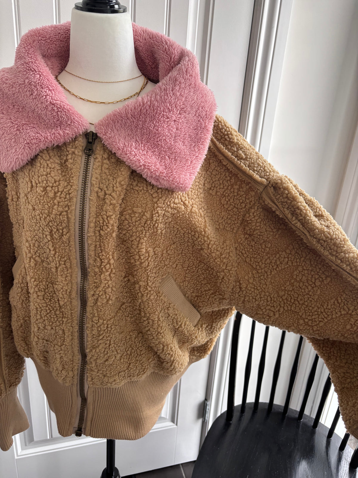 Free People Cozy Up Brown/Pink Sherpa Jacket | Sz Small (very oversized)