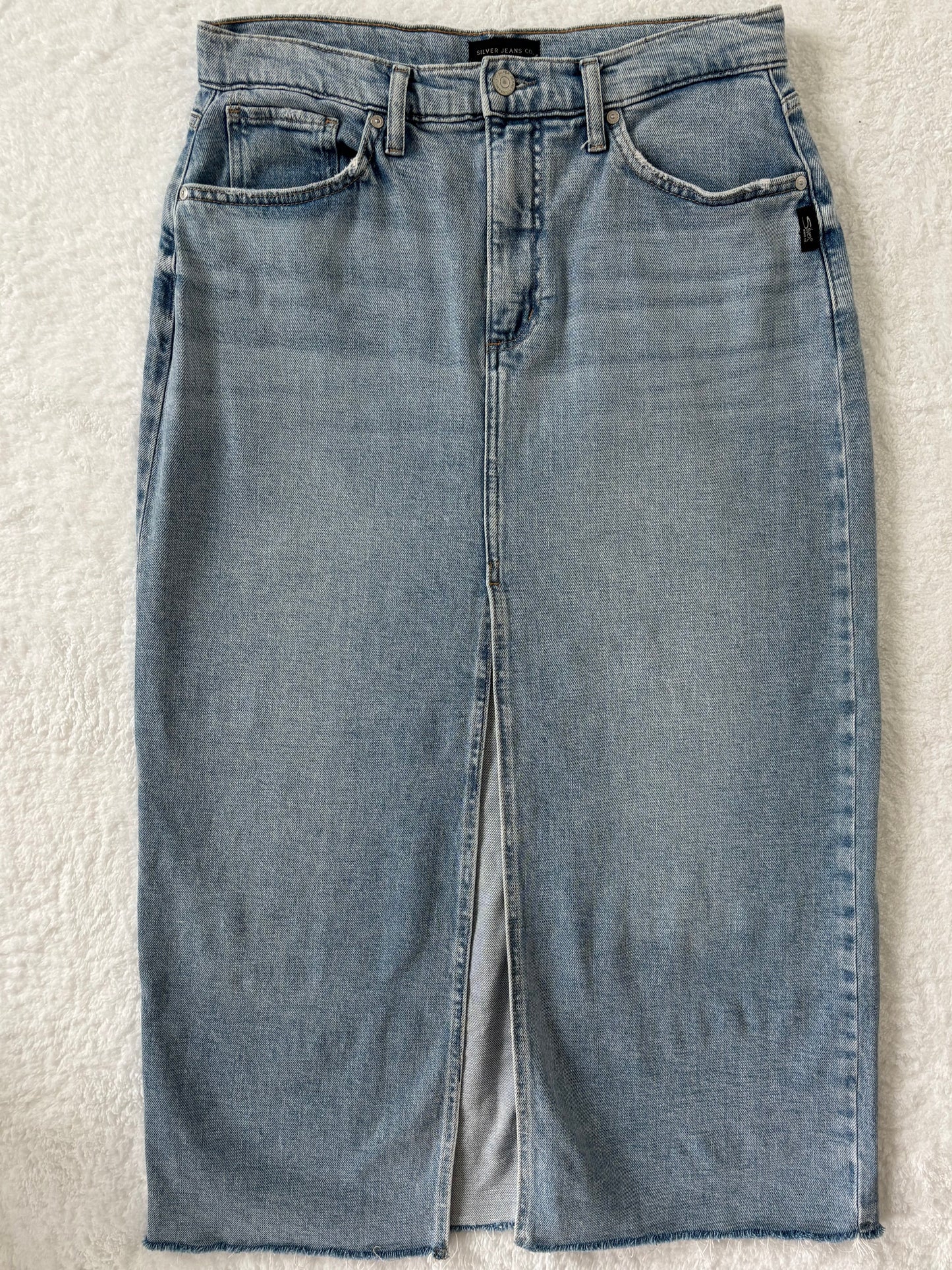 Silver Midi Denim Skirt with Front Slit | 28 (fits generous) (O78G1)