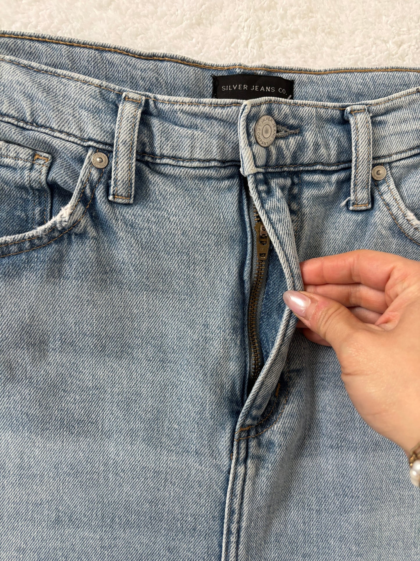 Silver Midi Denim Skirt with Front Slit | 28 (fits generous) (O78G1)