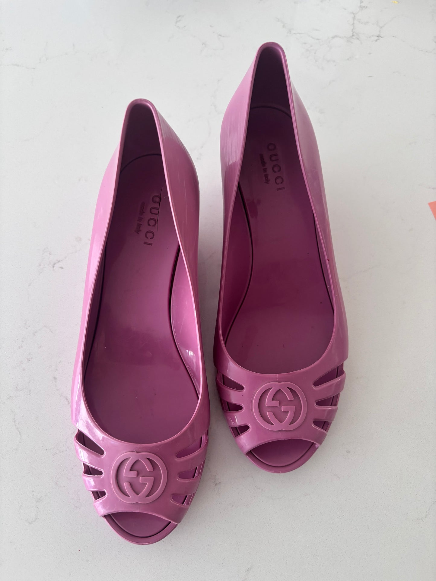 Gucci Pink/Purple Jelly Marola Peep Toe Wedge Pumps | Sz 6