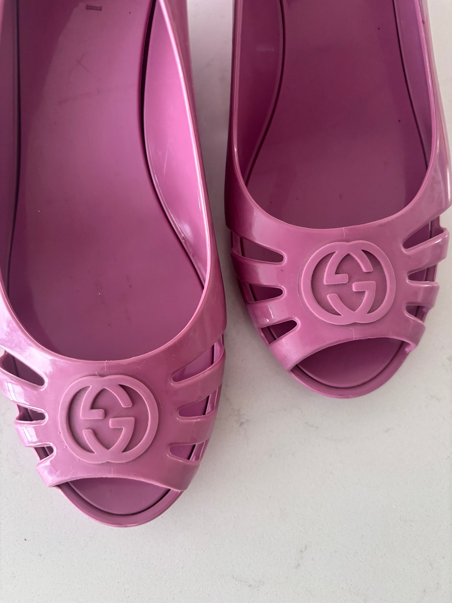 Gucci Pink/Purple Jelly Marola Peep Toe Wedge Pumps | Sz 6