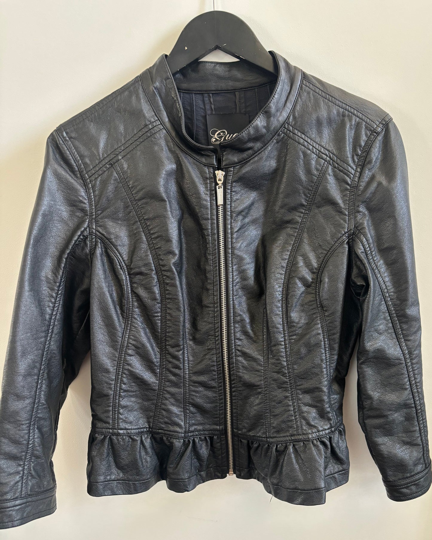 Guess Ruffled Hem Faux Leather Jacket | XLarge (fits more like Medium) (O149C16)