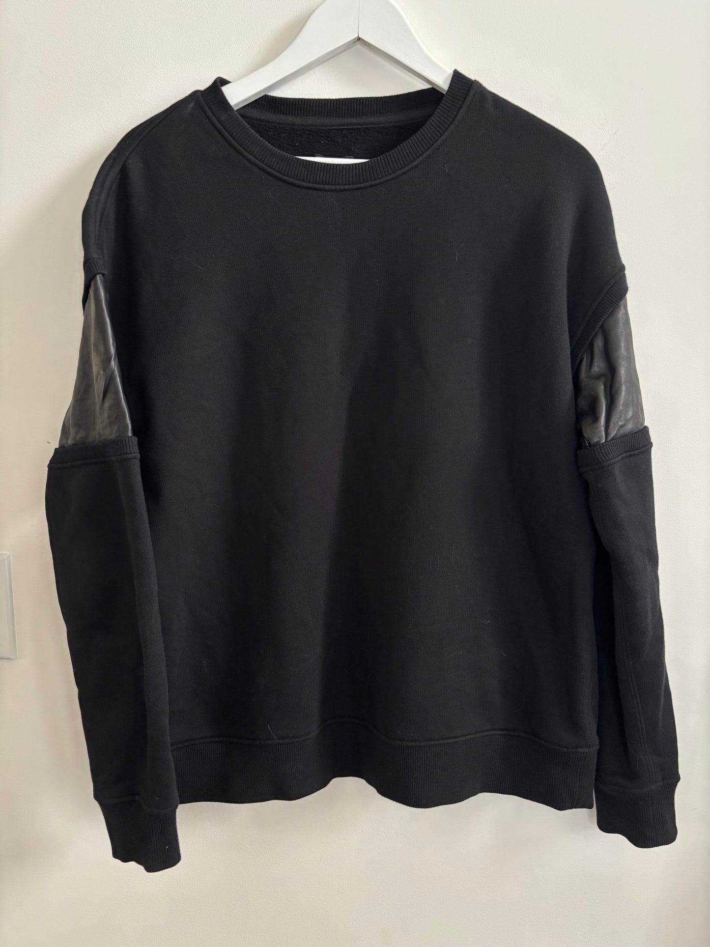 Rag & Bone Fleece Crewneck with Faux Leather Panels | Small (generous fit)