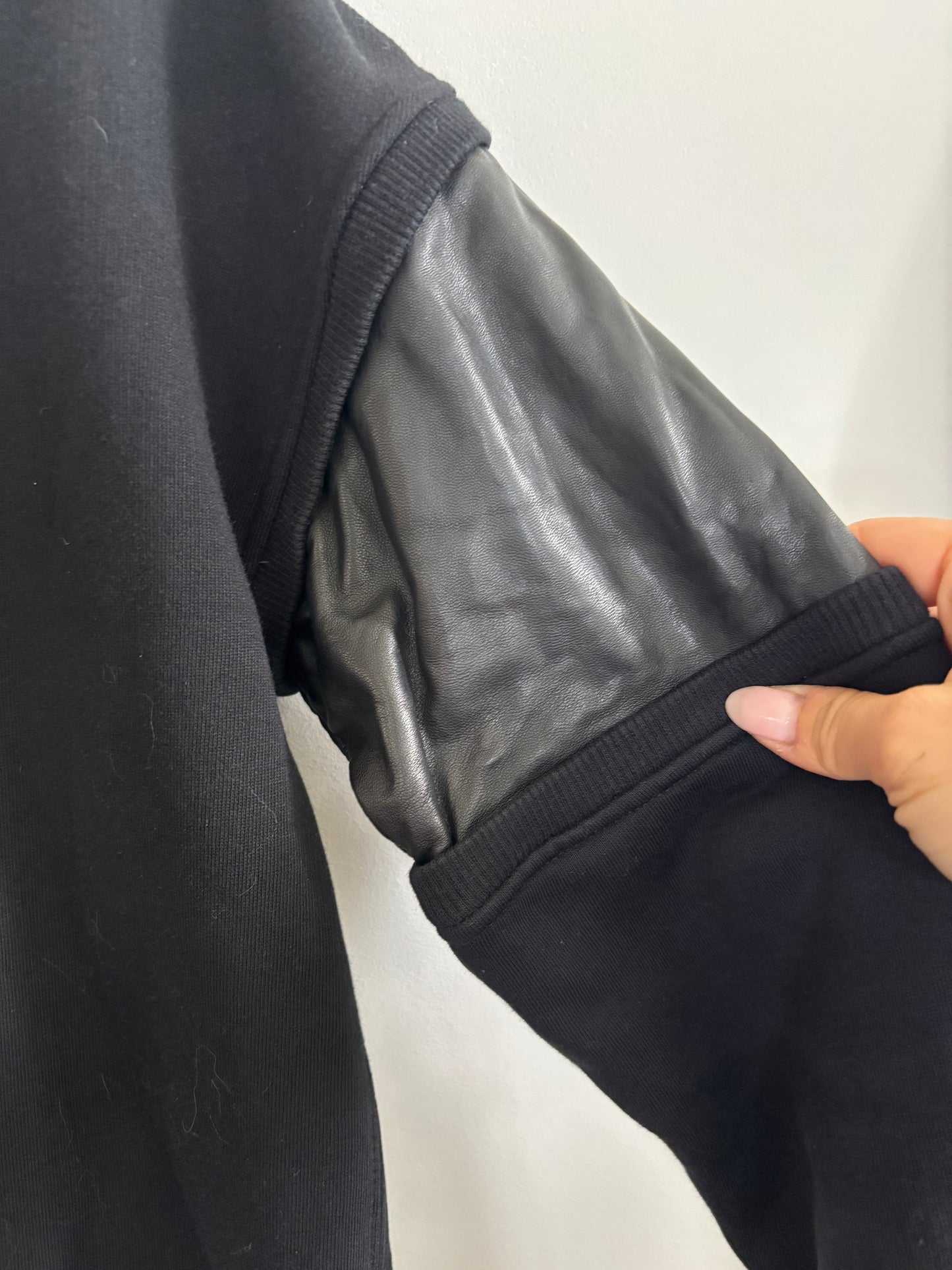 Rag & Bone Fleece Crewneck with Faux Leather Panels | Small (generous fit)