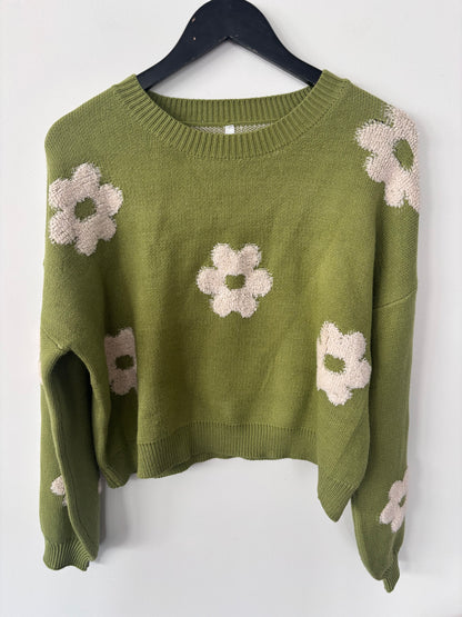 Dreamers Olive Daisy Knit Cropped Sweater NWT | Sz Large