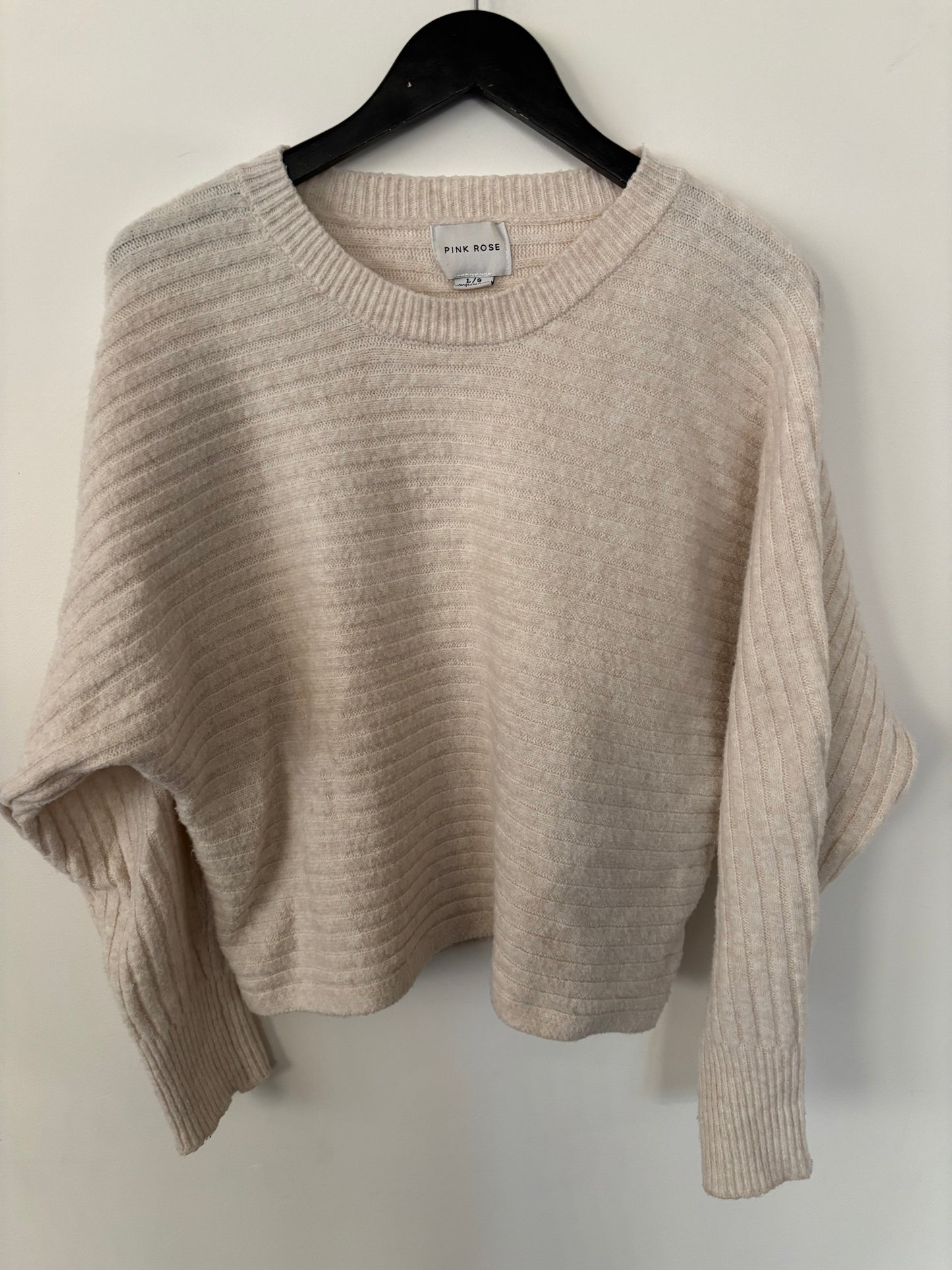 Pink Rose Ecru Slouchy Ribbed Knit Sweater | Large