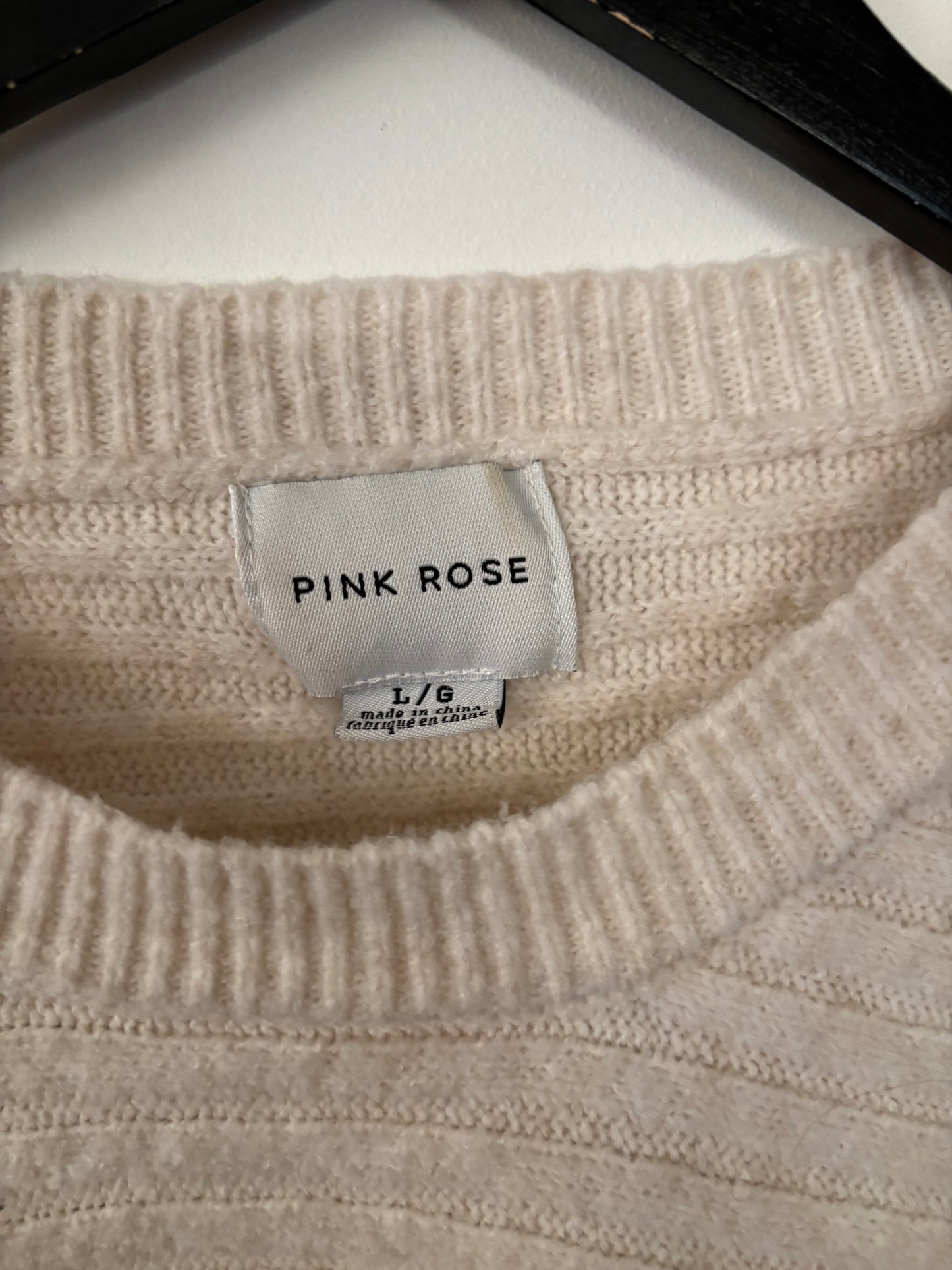 Pink Rose Ecru Slouchy Ribbed Knit Sweater | Large