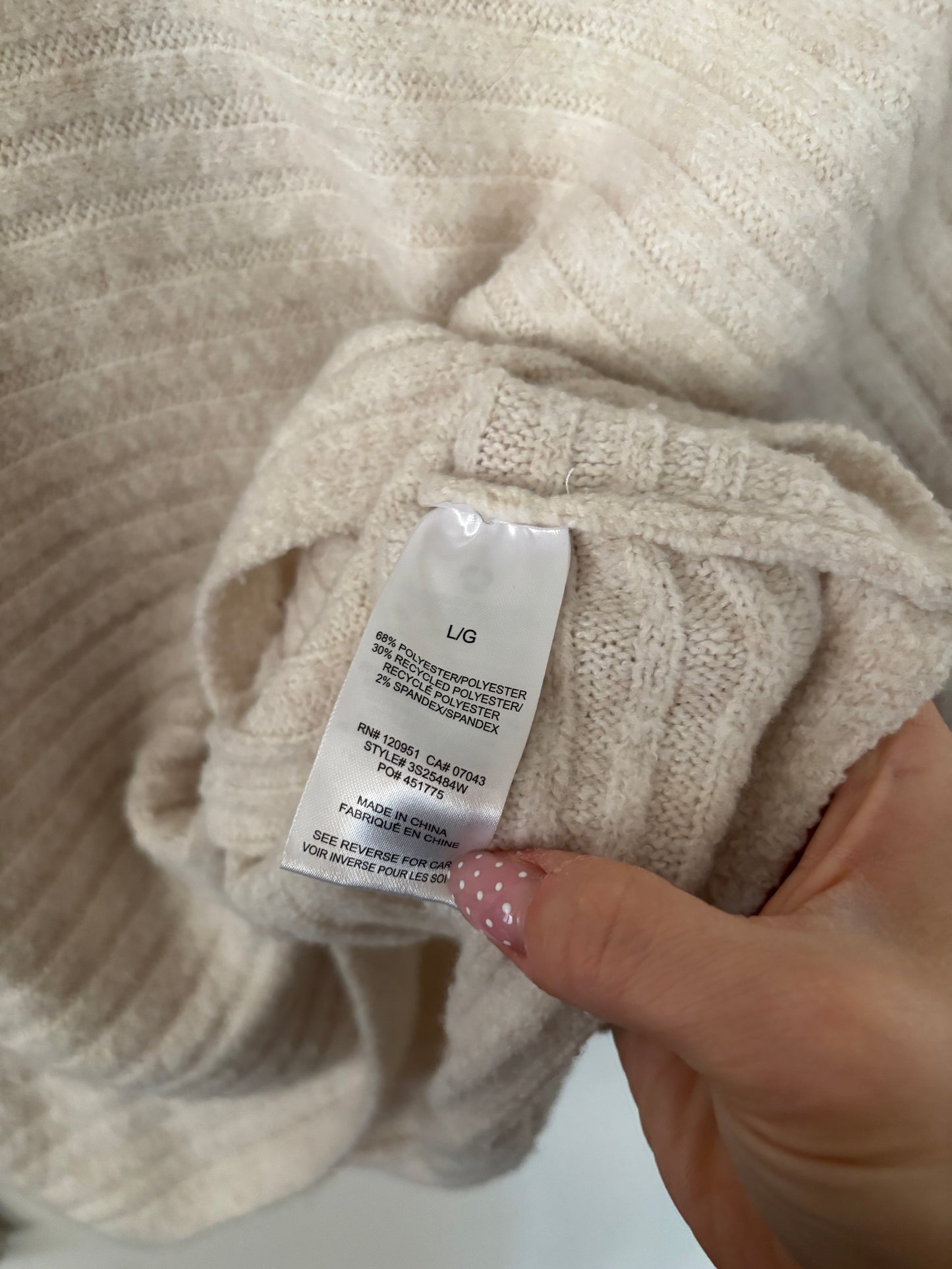 Pink Rose Ecru Slouchy Ribbed Knit Sweater | Large