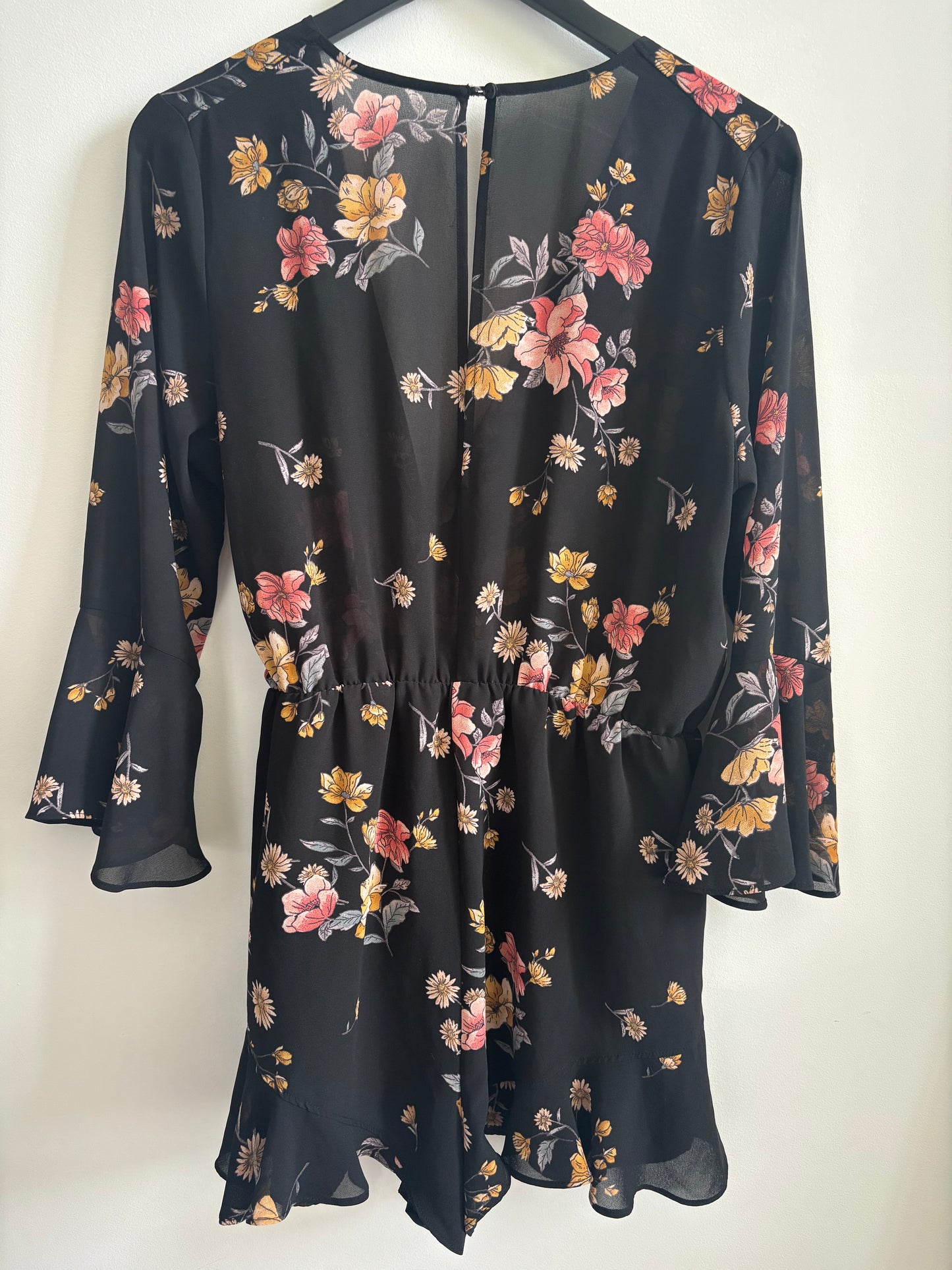 Black Floral Flutter Hem Romper | Large