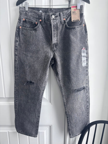Levi's 501 Grey/Black Wash Cropped NWT Distressed Denim | Sz 30 (fit like 28)