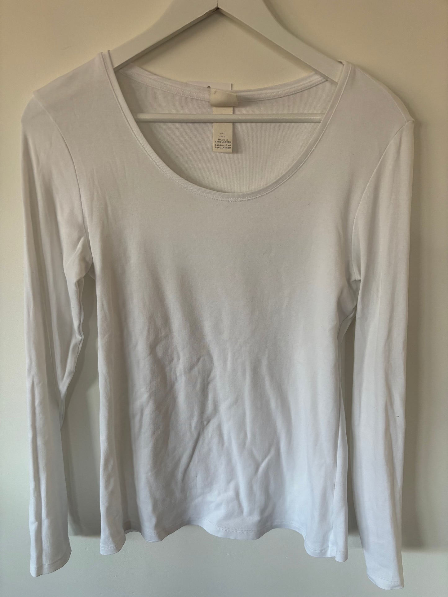 H&M Ribbed White Cotton Long Sleeve Top | Large (N82N19)