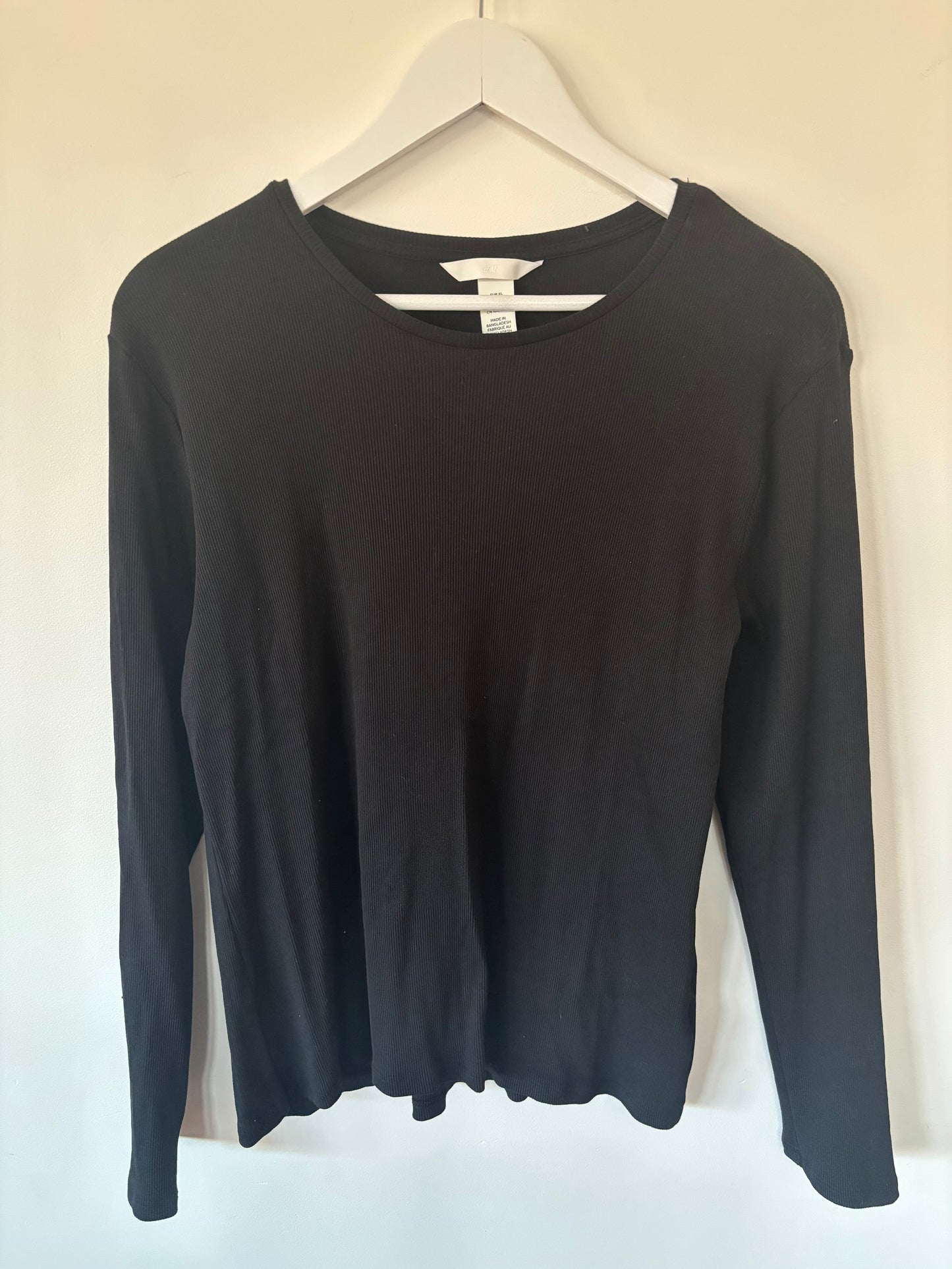 H&M Ribbed Black Cotton Long Sleeve Top | XL (N83N19)