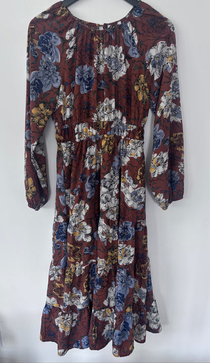 HLA Brown Floral Tiered Dress | Sz Small