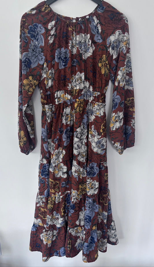 HLA Brown Floral Tiered Dress | Sz Small