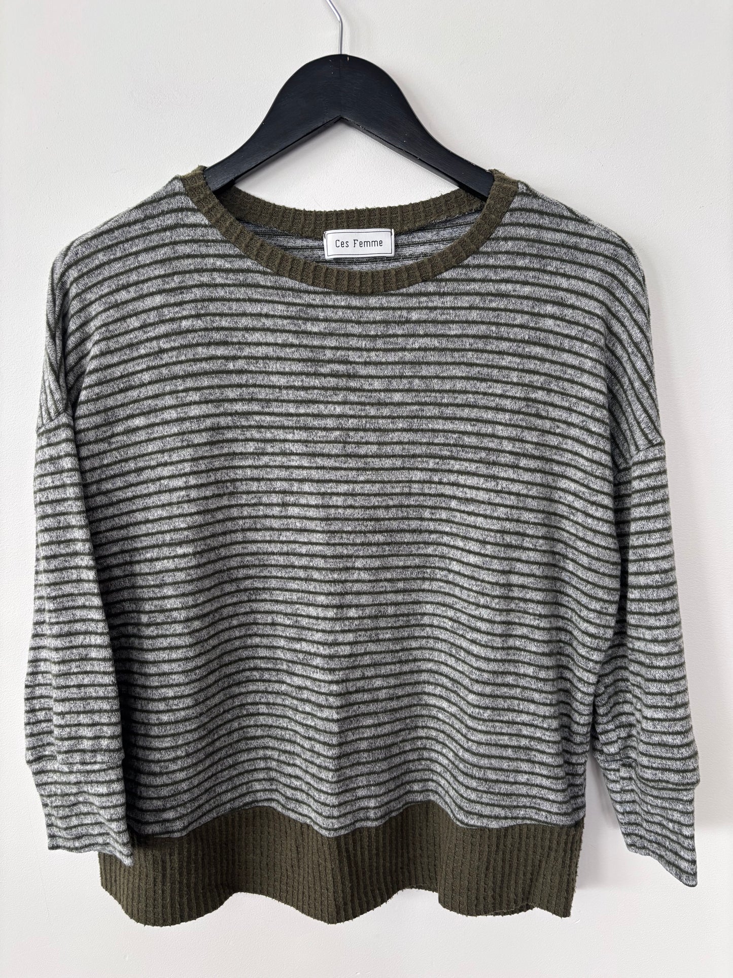 Ces Femme Green/Grey Soft Striped Shirt | Sz Small (oversized)