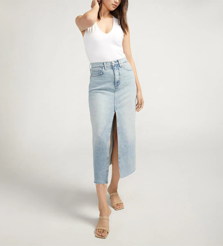 Silver Midi Denim Skirt with Front Slit | 28 (fits generous) (O78G1)
