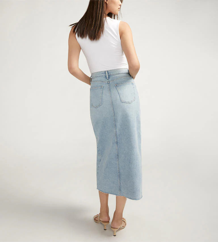 Silver Midi Denim Skirt with Front Slit | 28 (fits generous) (O78G1)