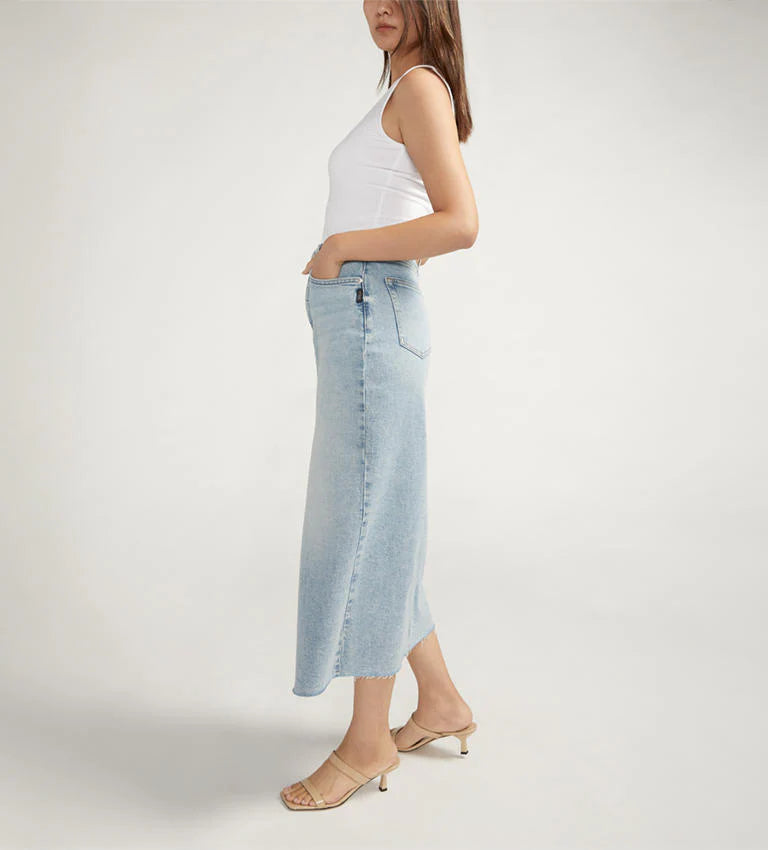 Silver Midi Denim Skirt with Front Slit | 28 (fits generous) (O78G1)