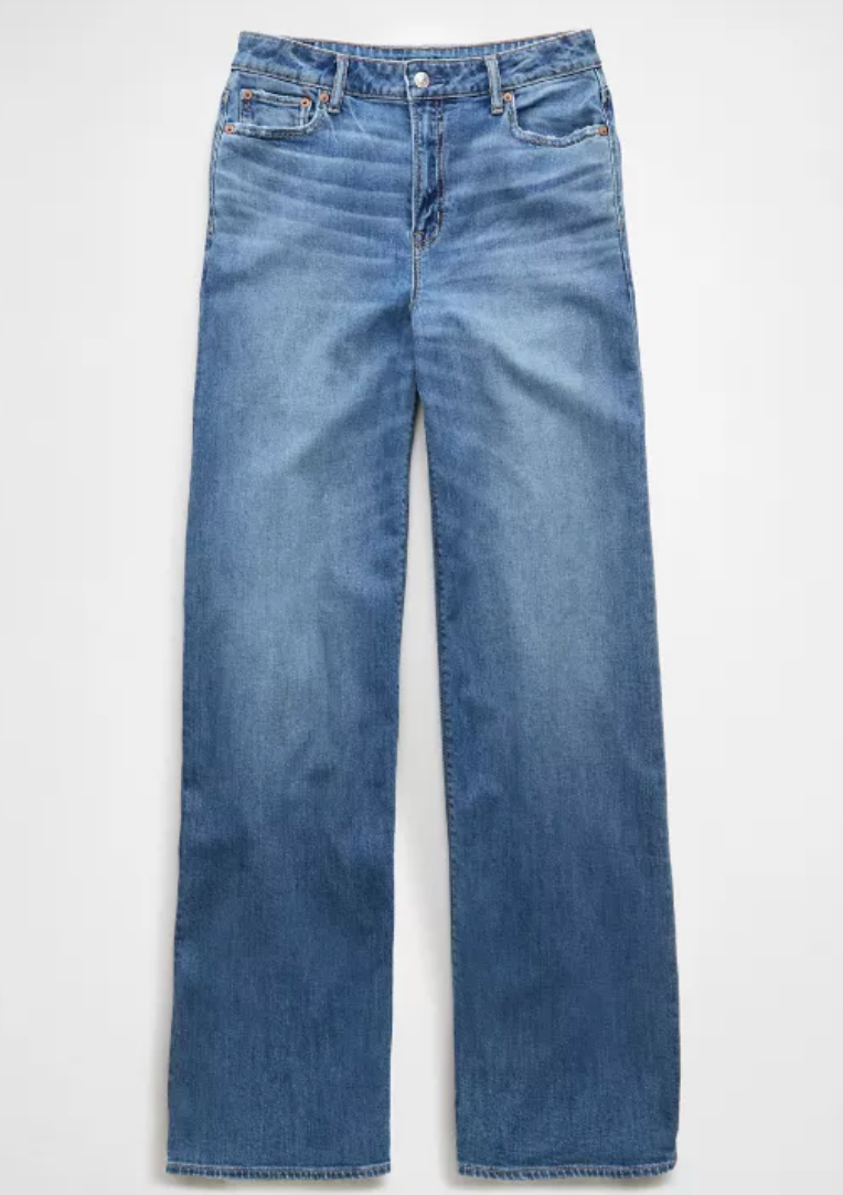 AE Super High Rise Baggy Wide Leg Jeans (Light/Med Wash)  | 8 (N29S20)