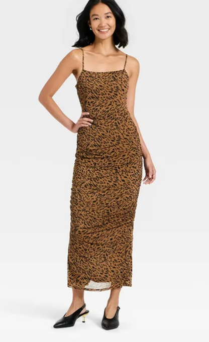 A New Day Leopard Print Ruched Midi Slip Dress NWT | Sz XS (M172K6)