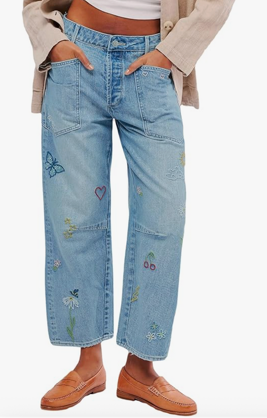 Driftwood / Free People Barbara Embroidered Barrel Jeans | Sz 28 (fit bigger, 29)