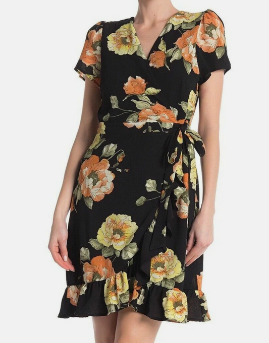 Luxology Black Floral Crepe V-Neck Ruffle Hem Wrap Dress | Medium