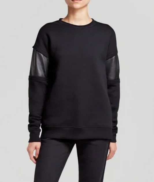 Rag & Bone Fleece Crewneck with Faux Leather Panels | Small (generous fit)