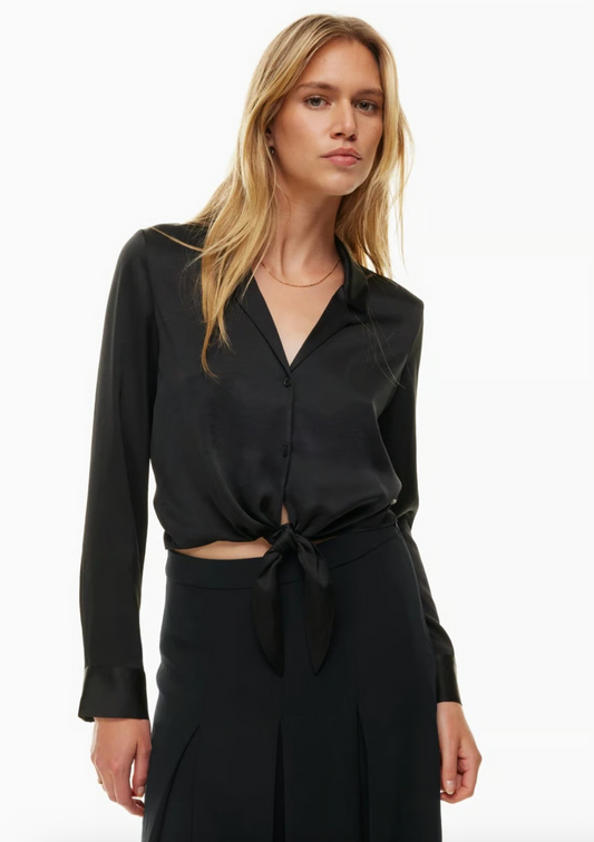 Wilfred / Aritzia Peaufiner Black Satin Tie Blouse | Small
