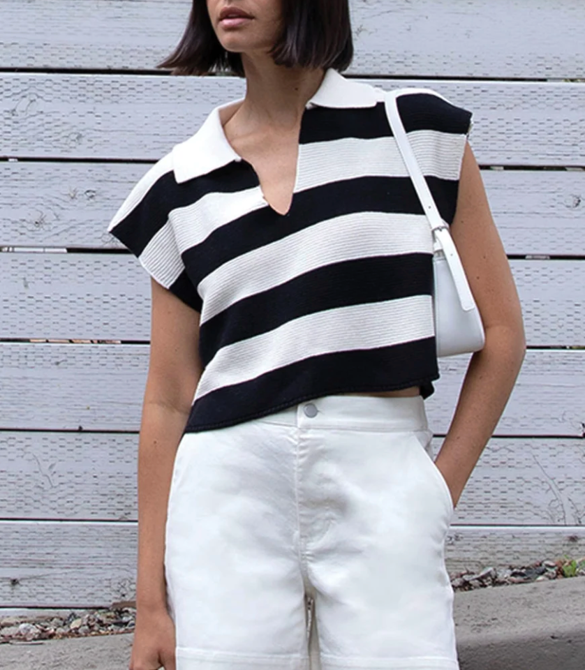 Oak & Fort Striped Collared Crop Sweater | XS Oversized (O26L4)