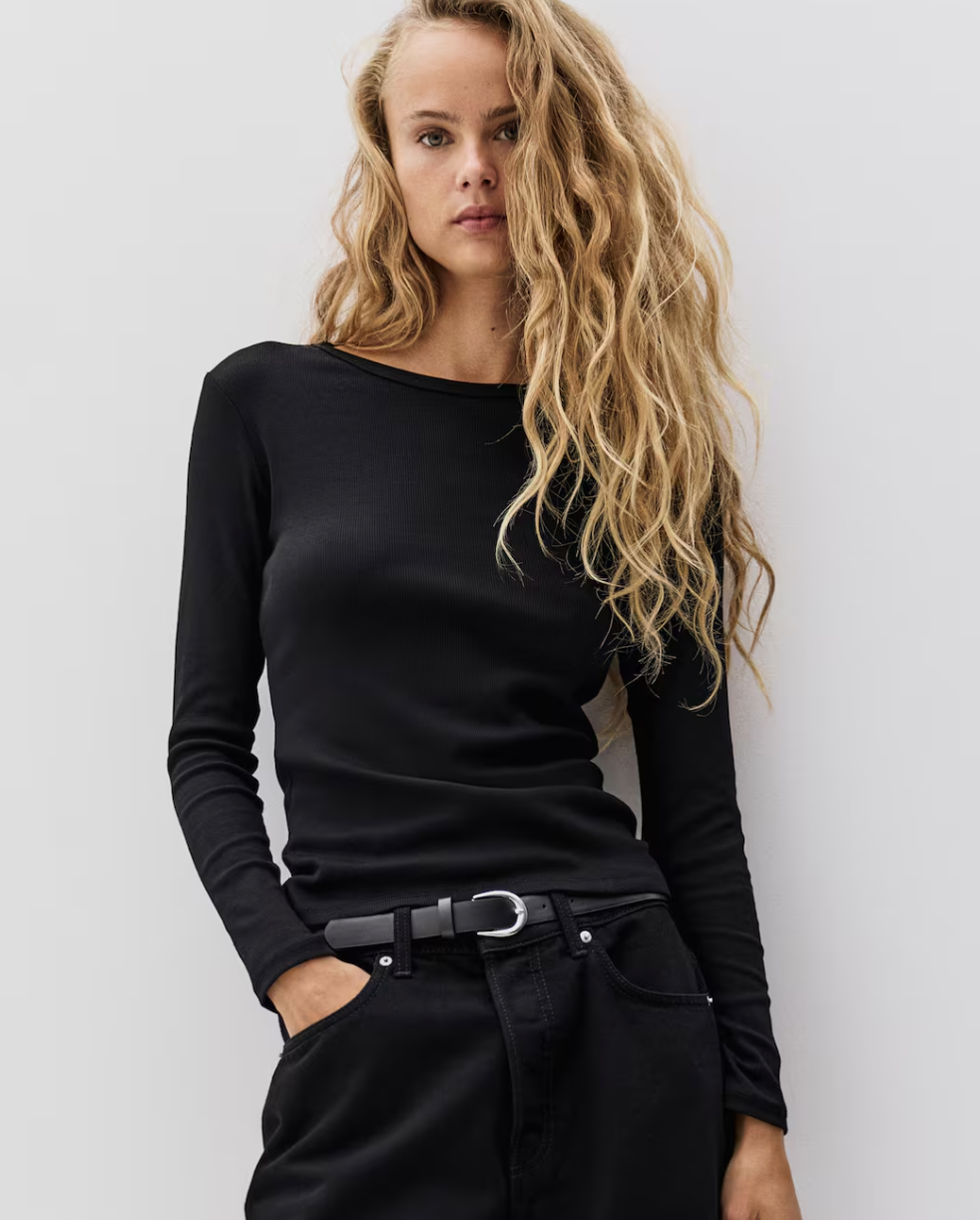 H&M Ribbed Black Cotton Long Sleeve Top | XL (N83N19)