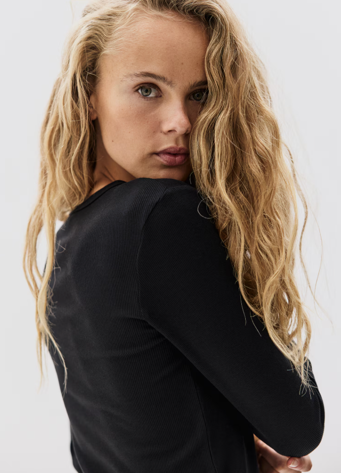 H&M Ribbed Black Cotton Long Sleeve Top | XL (N83N19)