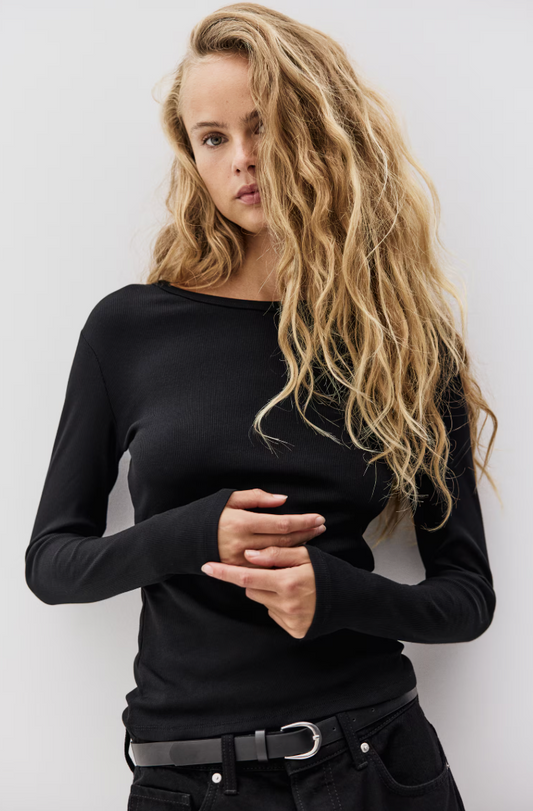 H&M Ribbed Black Cotton Long Sleeve Top | XL (N83N19)