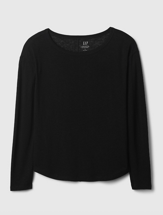 Gap Linen Blend Long Sleeve Black Modern Tee in Black | Large (N72N19)