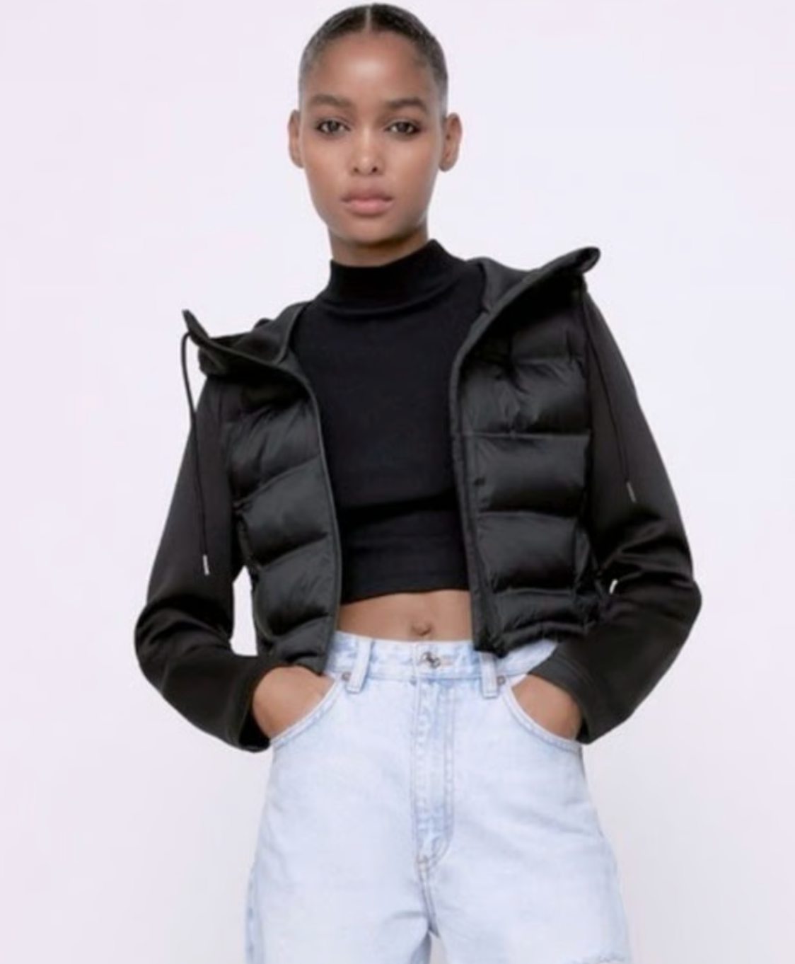 Zara Combination Cropped Hooded Puffer Jacket in Black | Large (N189C8)