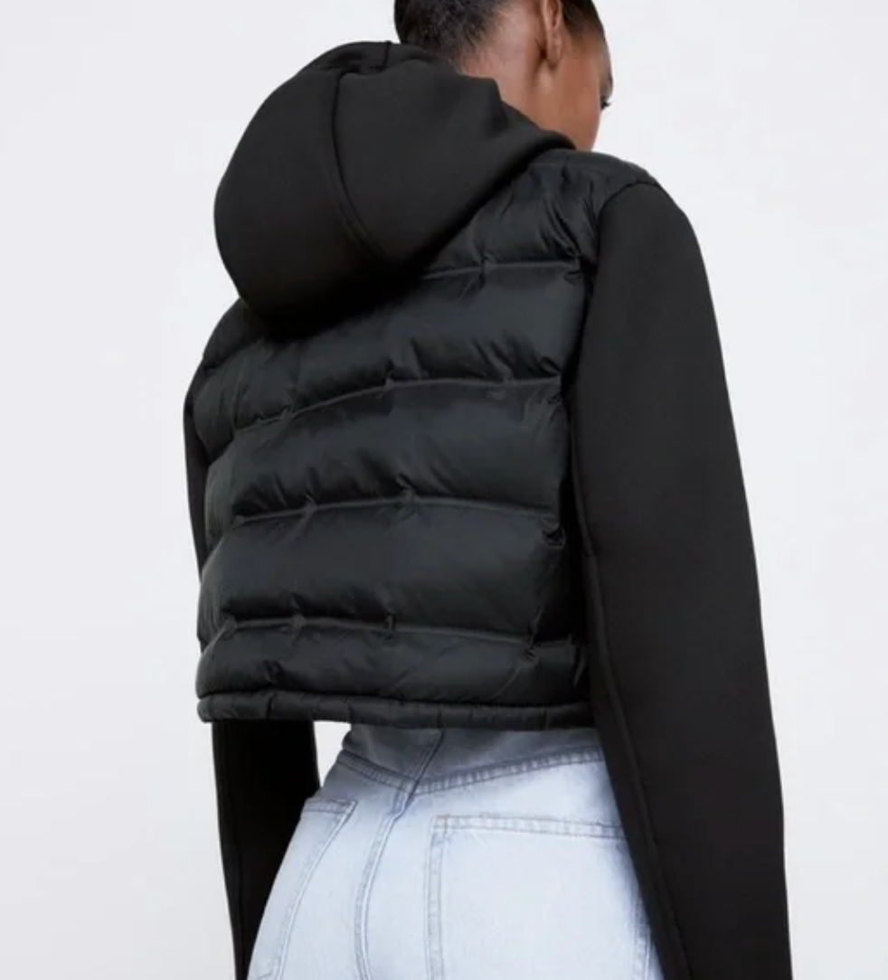 Zara Combination Cropped Hooded Puffer Jacket in Black | Large (N189C8)