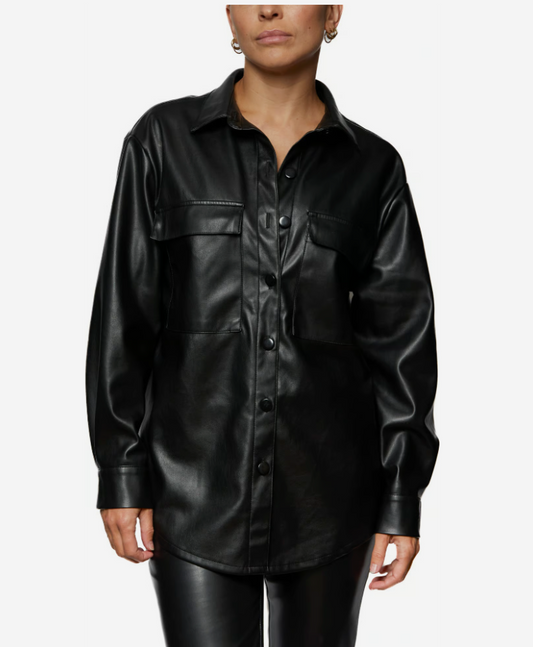Dex Faux Leather Black Snap Up Collared Shirt | XS (N216K6)