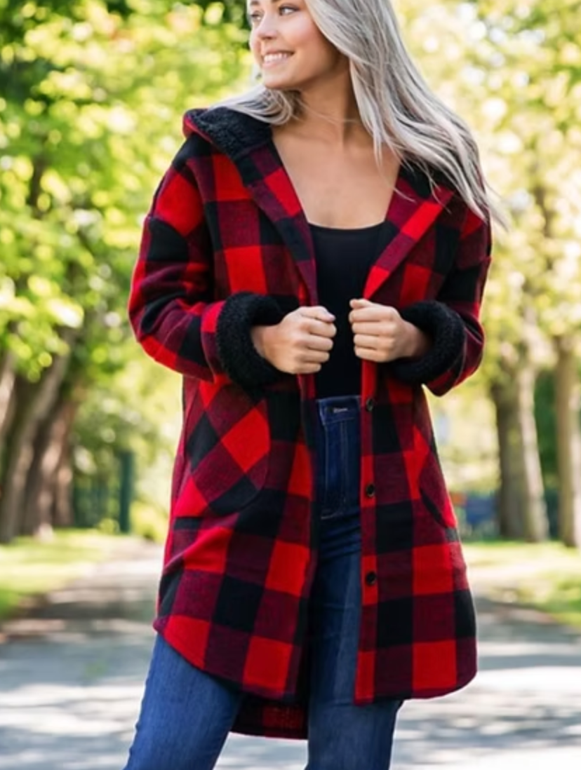 RD Style Red Plaid Hooded Jacket | XS (Oversized, fits like small) (N140M21)