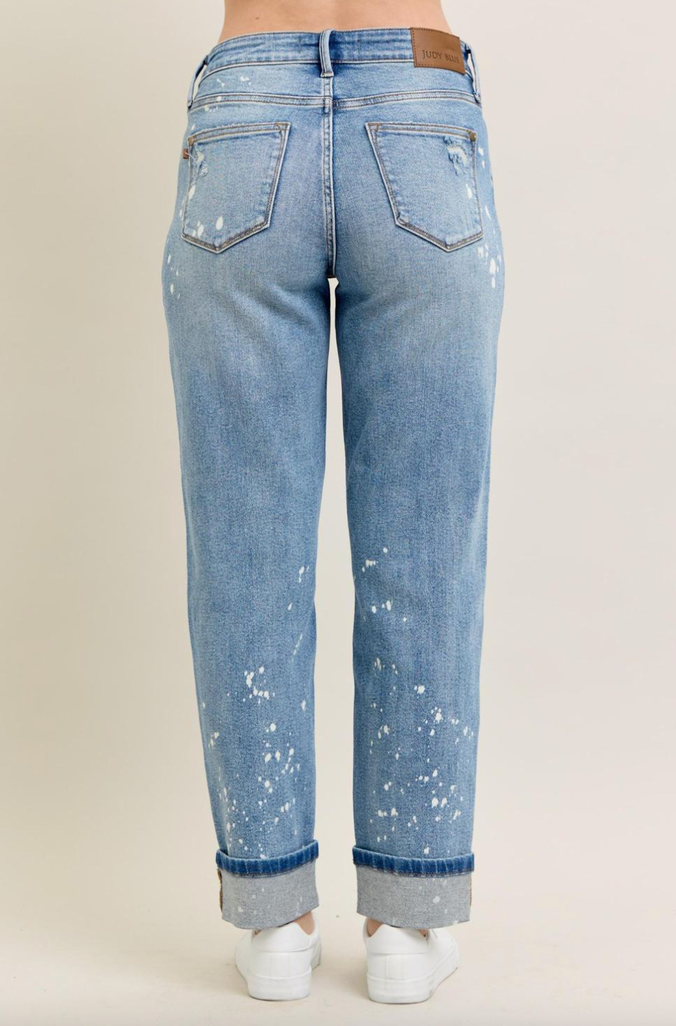 Judy Blue Mid Rise Bleach Splatter Cuffed Boyfriend Jeans | Sz 25 (N205M6)