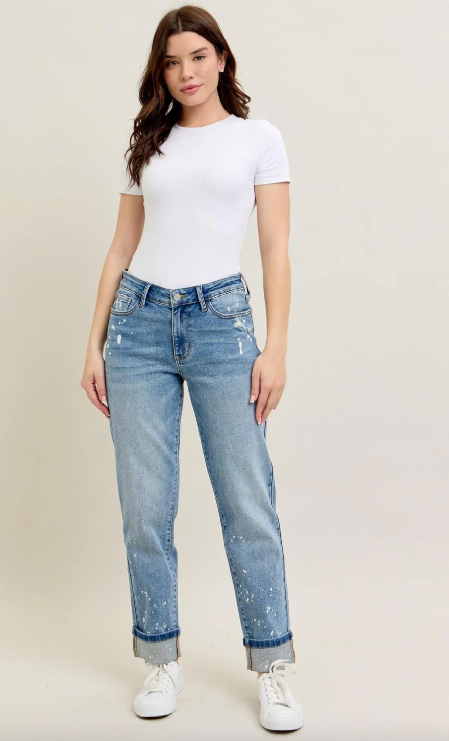 Judy Blue Mid Rise Bleach Splatter Cuffed Boyfriend Jeans | Sz 25 (N205M6)