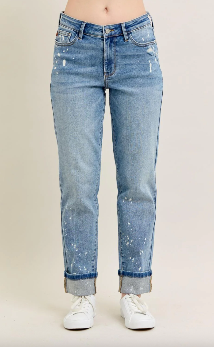 Judy Blue Mid Rise Bleach Splatter Cuffed Boyfriend Jeans | Sz 25 (N205M6)